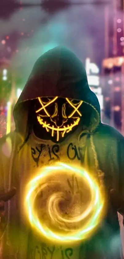 Neon mask figure with glowing swirl in urban night setting.