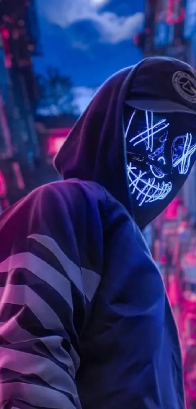 Hooded figure with neon mask in urban nightscape, vibrant colors.