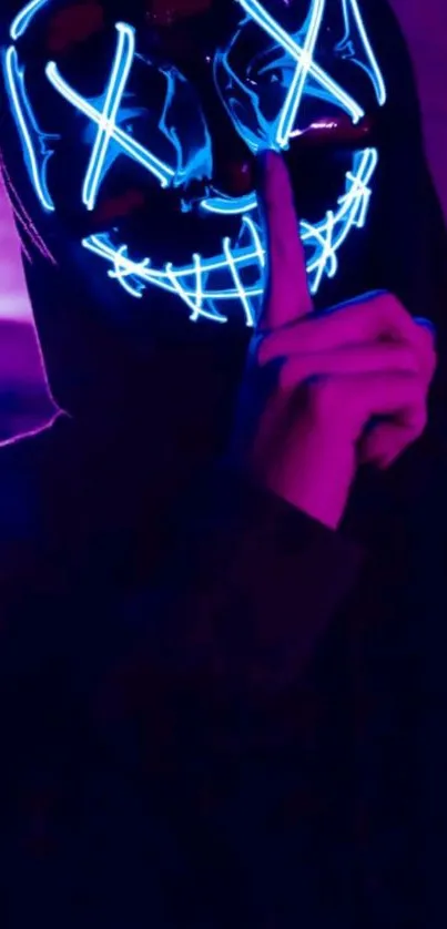 Mysterious neon mask glowing in vibrant purple hues.