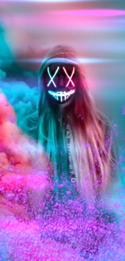 Neon mask with colorful smoke and hooded figure.