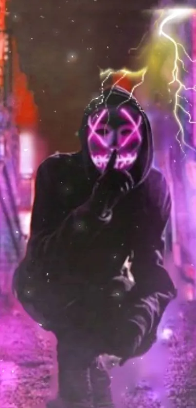 A dark figure with neon mask squats in a vibrant purple urban alley.