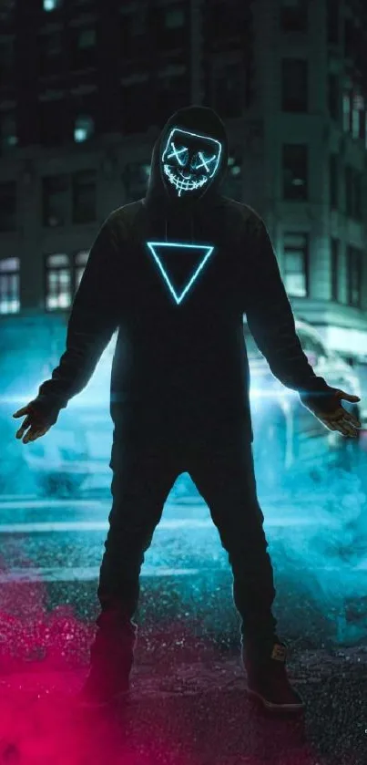 Masked figure in neon lights on a city street at night.