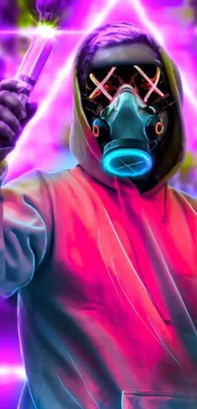 Futuristic neon masked figure with vibrant background.