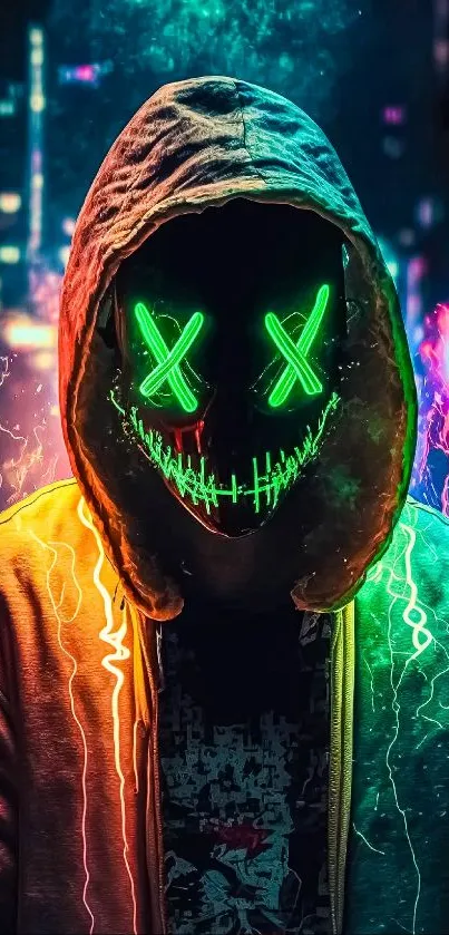 Neon mask in vibrant urban city background with electric lights.