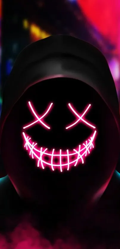 Neon mask with glowing smile and urban backdrop.