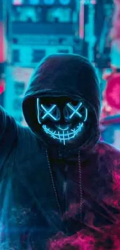 Neon mask figure in urban setting, exuding mysterious vibes.