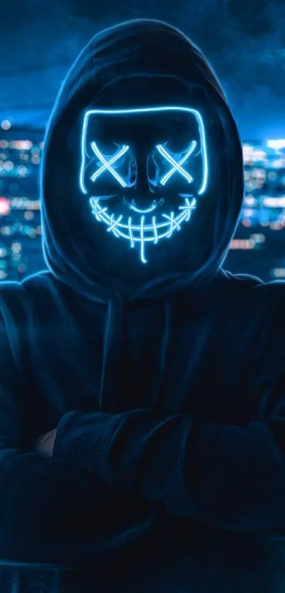 Neon mask figure in urban night scene wallpaper.