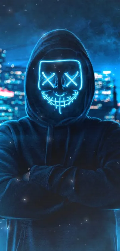 Neon mask figure in dark hoodie with city lights background.