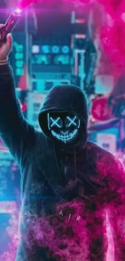 Neon mask figure in a smoky urban scene with vibrant magenta glow.