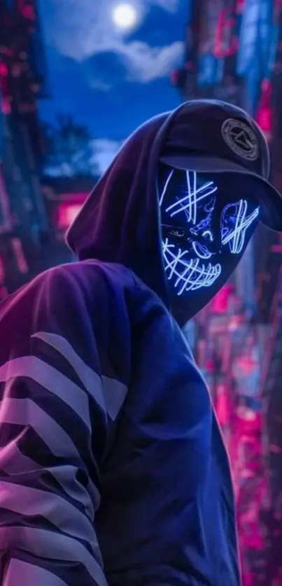 Neon masked figure in urban setting wallpaper.