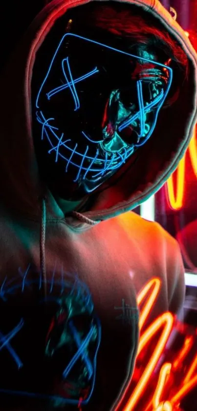 Vibrant phone wallpaper featuring a neon mask design with glowing colors.