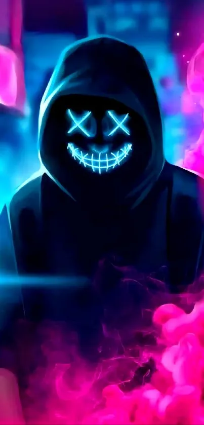 Neon masked figure with vivid colors on a mobile wallpaper.