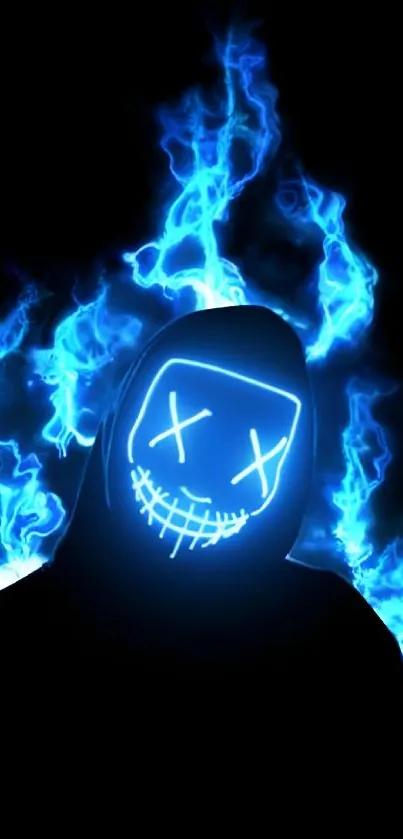 Neon mask with blue flames on a dark background.