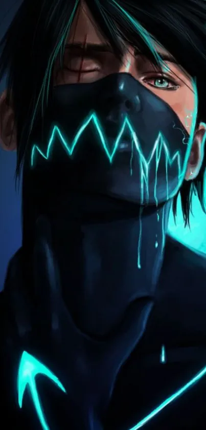 Vibrant neon-glowing masked anime character on dark blue background.