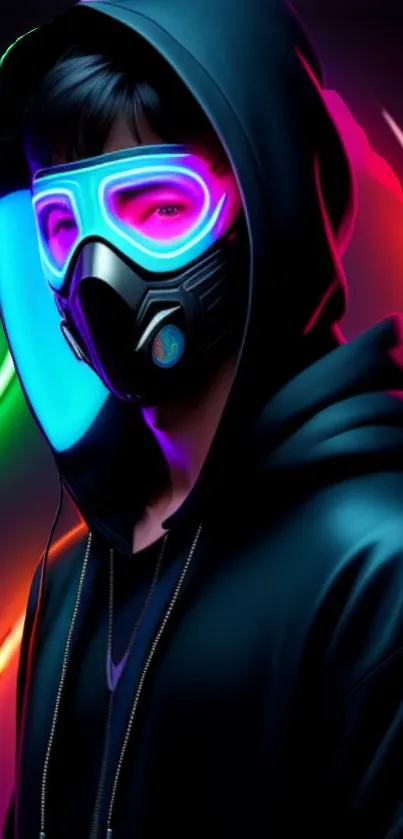 Neon masked figure with vibrant colors and cyber aesthetic.