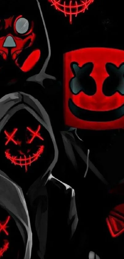 Neon red masked figures on a dark mobile wallpaper.