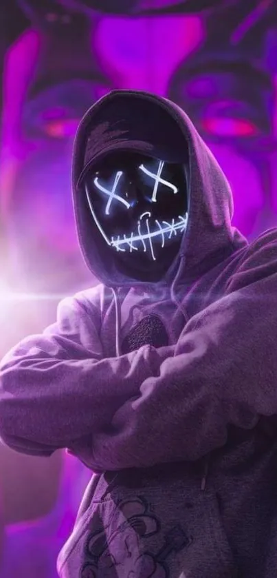 Neon-lit masked figure in urban art style, purple hues