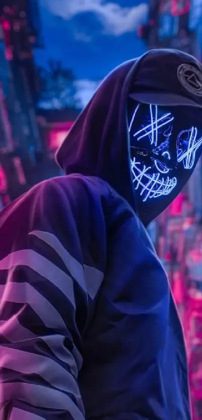 Neon masked figure in urban setting, night wallpaper.