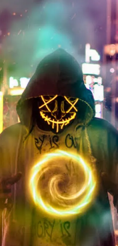 Mystic hooded figure in neon colors with swirling light effect, creating cyberpunk vibe.