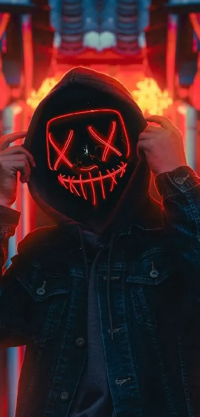 A neon-masked figure stands in vibrant urban lighting.