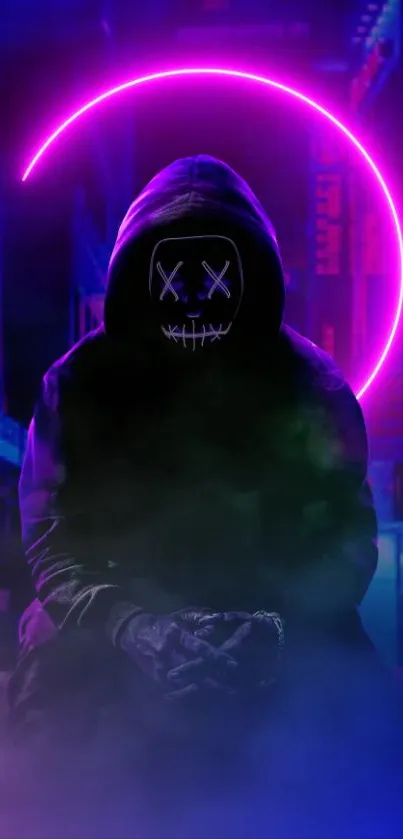 Hooded figure with neon mask under a purple sky.