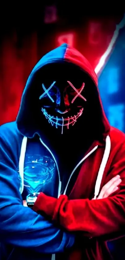 Neon masked figure with vibrant colors in a digital art style, hooded and mysterious.