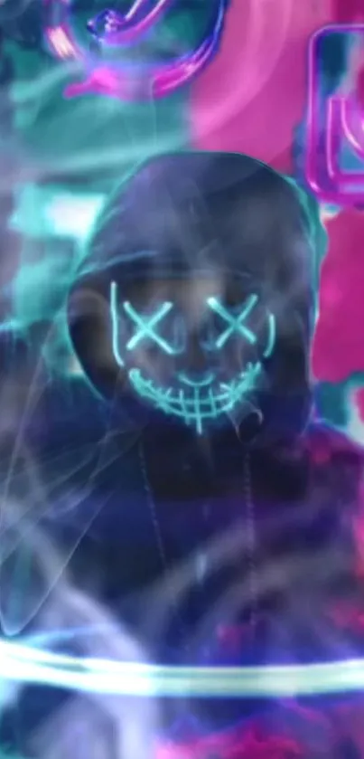 Mysterious figure with neon mask in vibrant blue and pink digital art.