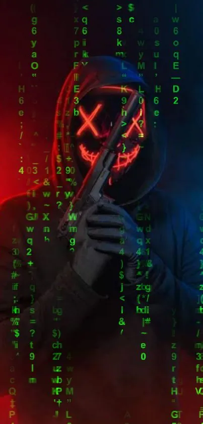 Neon-masked figure with red and blue lighting in a dynamic mobile wallpaper.