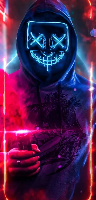 Neon masked figure with vibrant glowing colors.