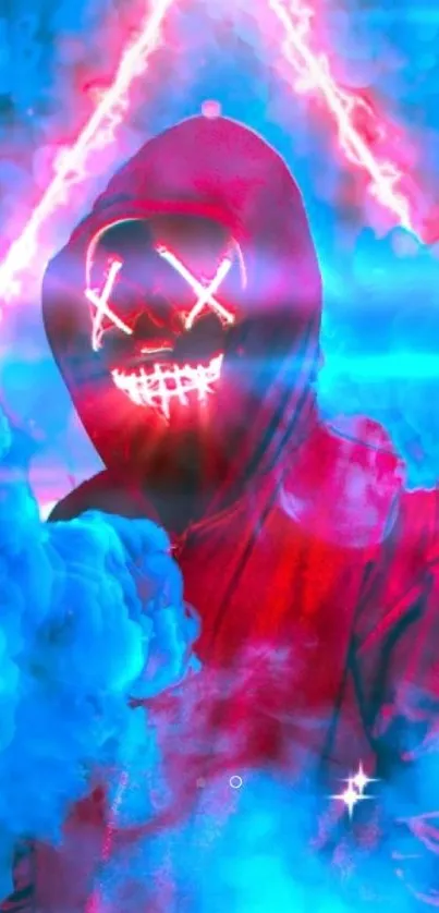 Neon masked figure in blue and pink hues for a vibrant phone wallpaper.