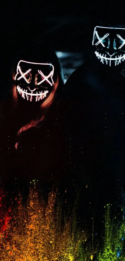 Neon masked figures with vibrant colors on a dark background.