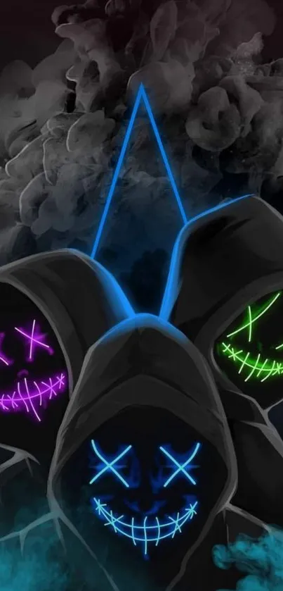 Neon-lit masked figures in dark hoods with a misty, shadowy background.