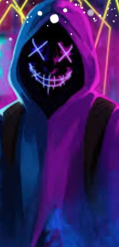 Neon hooded figure with glowing mask on a vibrant background.