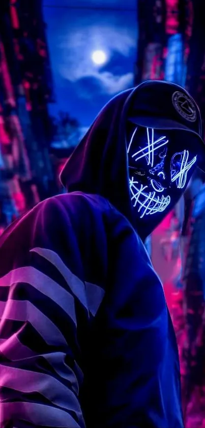 Neon-masked figure in a vibrant, urban night scene.