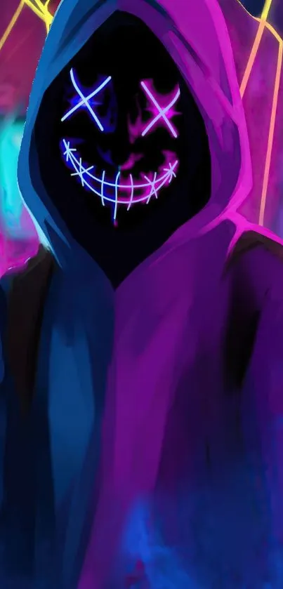 Neon hooded figure with glowing mask in vibrant colors.