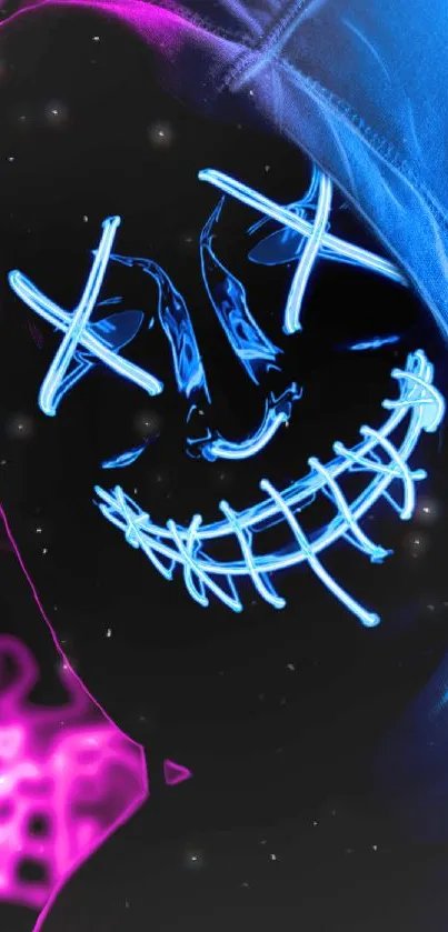 Neon smile mask with glowing lines and a vibrant hood.