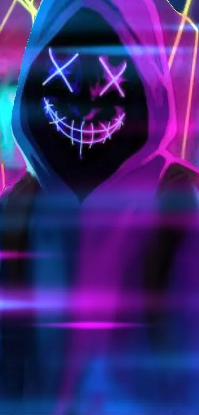 Neon masked figure in a glowing purple hoodie, ideal for a futuristic phone wallpaper.