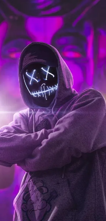 Glowing masked figure in purple neon hoodie wallpaper.