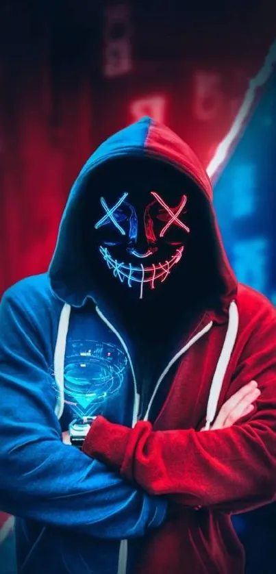 Mysterious figure in neon mask with a split-colored hoodie.