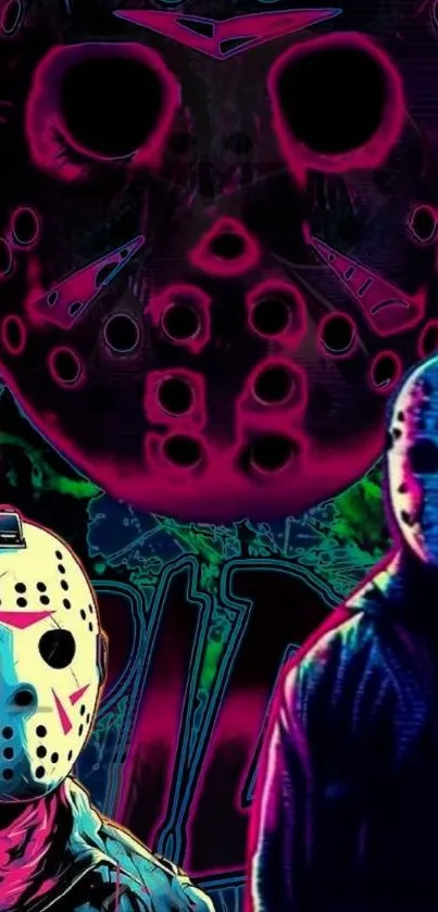 Neon horror-themed wallpaper with masked characters.