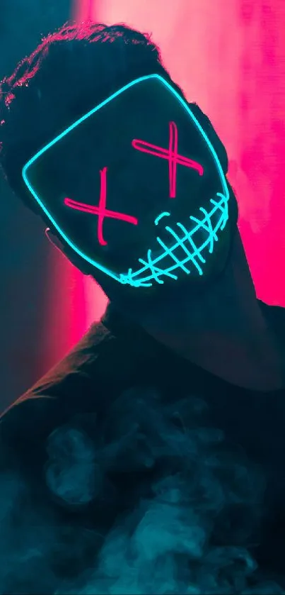 Neon mask glows vividly against dark urban backdrop.