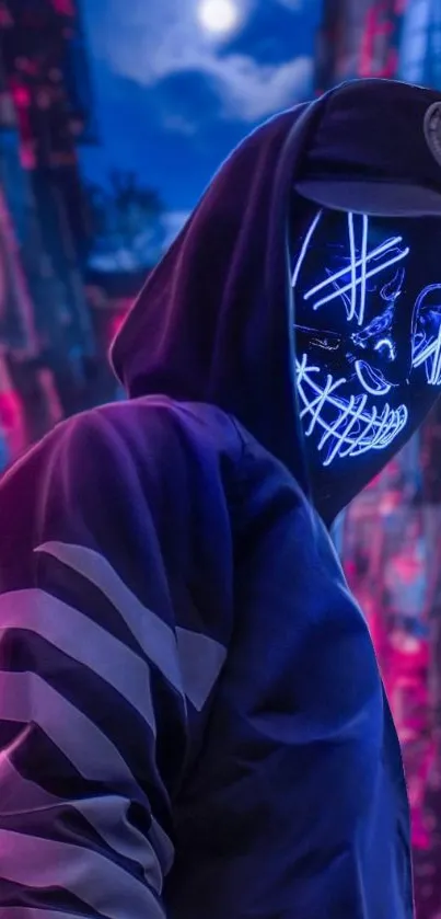 Mysterious figure in neon mask with purple and pink urban backdrop.