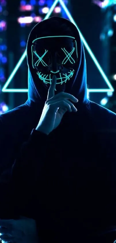 Neon masked figure in dark cityscape background.