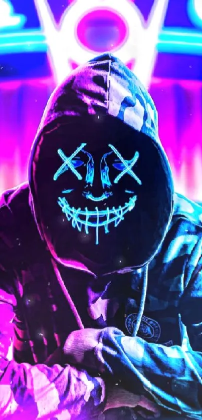 Neon masked figure with glowing face.