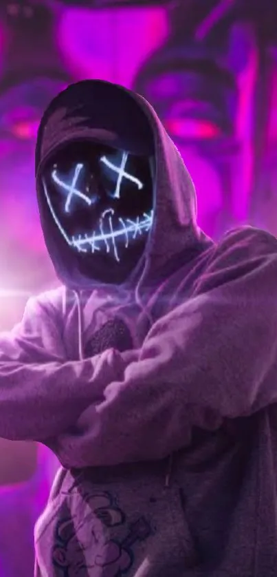 Neon masked figure with purple graffiti background in urban art style.