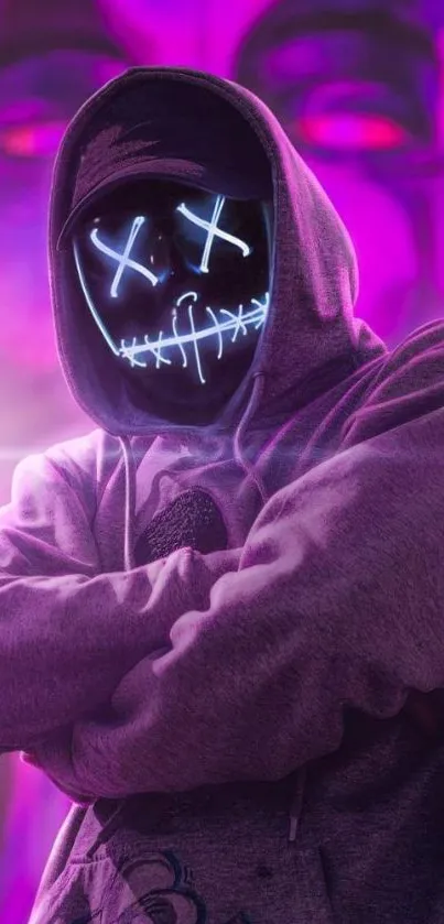 Mysterious figure in neon mask with purple hoodie, vibrant street art style.