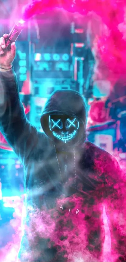 Mysterious masked figure with pink neon lights in urban street scene.