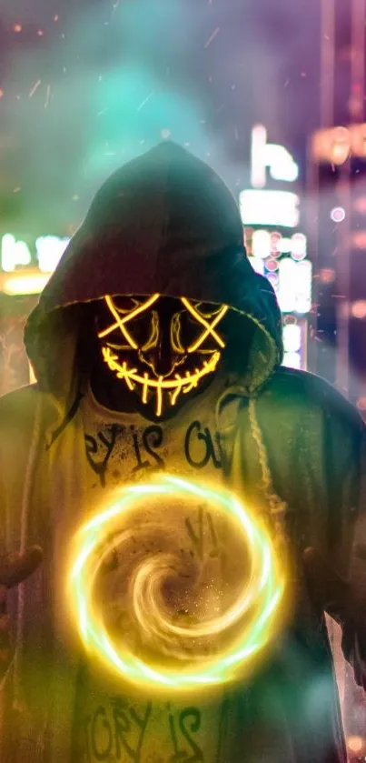 A neon-masked figure with glowing effects in a cityscape.