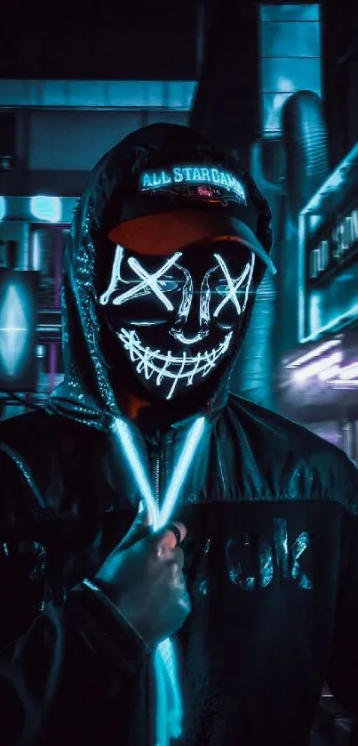 Mysterious figure in a neon mask glows in an urban blue-lit scene.