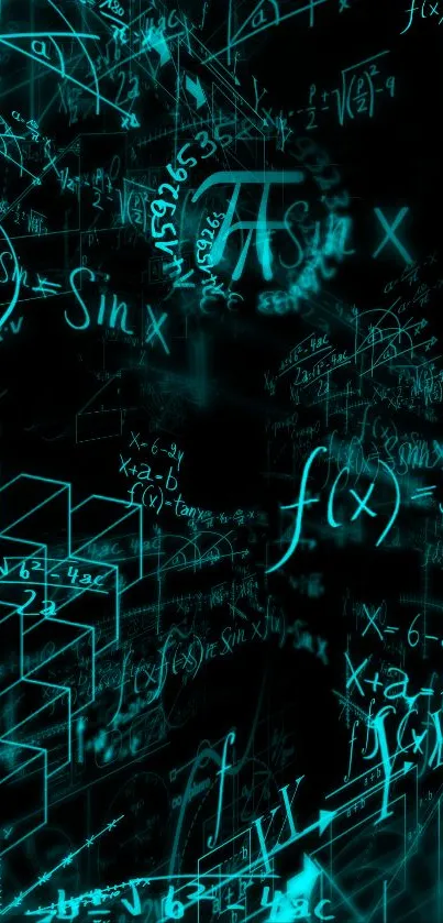 Neon cyan wallpaper with math equations and formulas glowing in the dark.